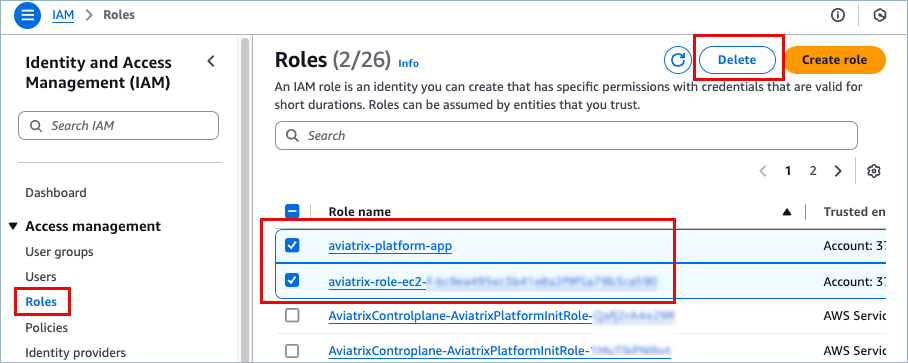 screenshot of aws roles page