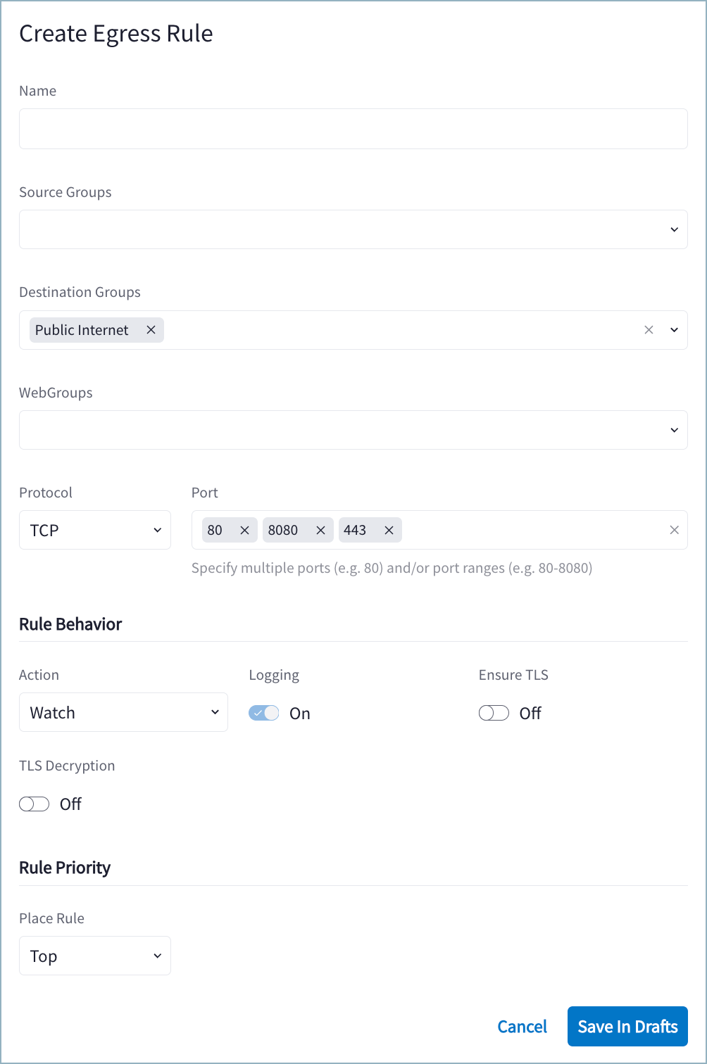create egress rule page