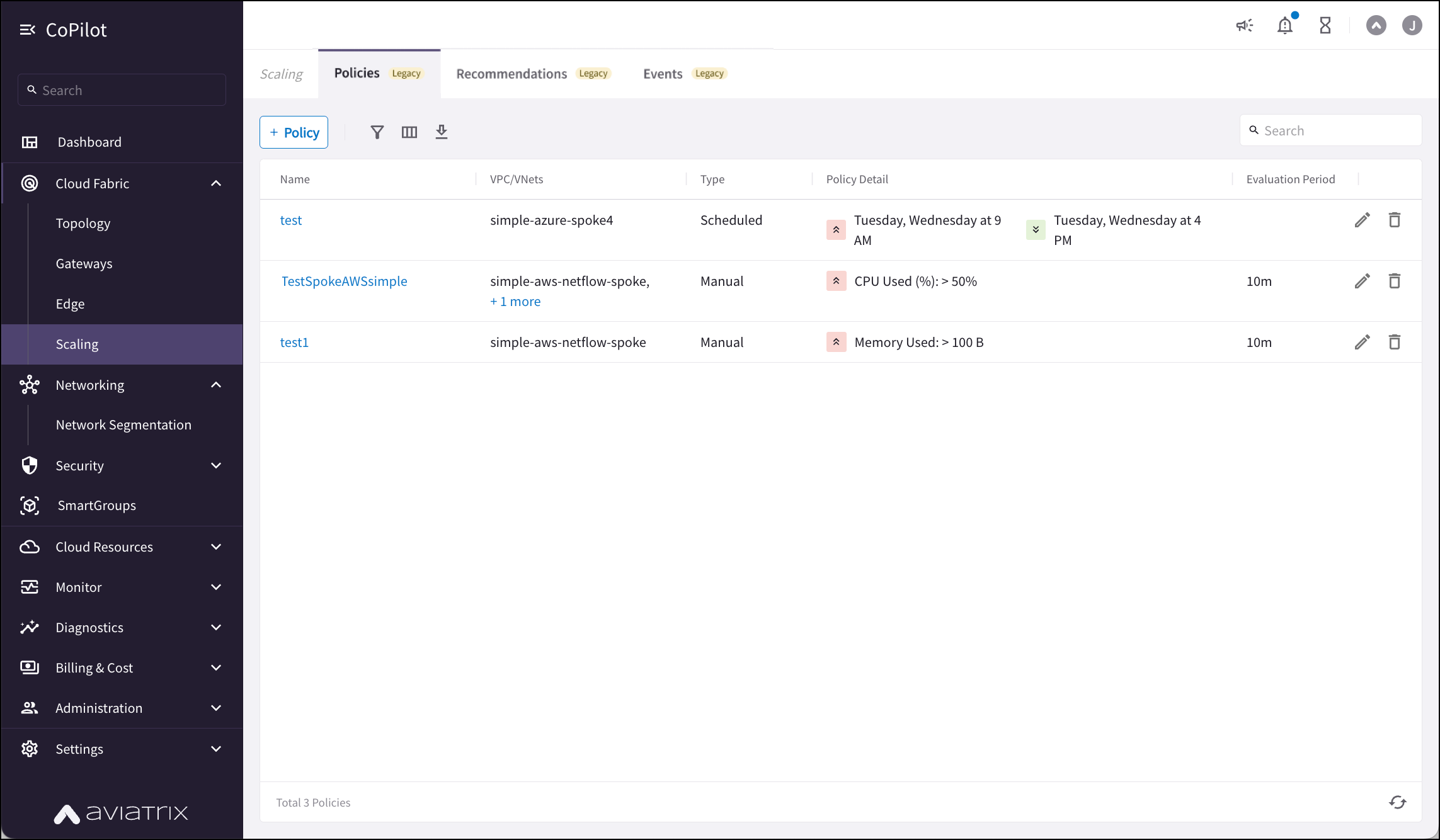 scaling policy tab