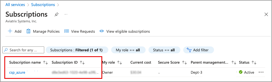 screenshot of Subscriptions page in Azure