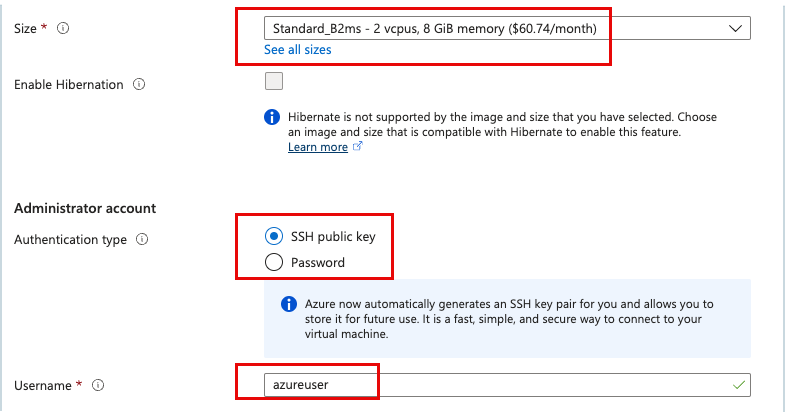 continued screenshot of the Azure Create a Virtual Machine form