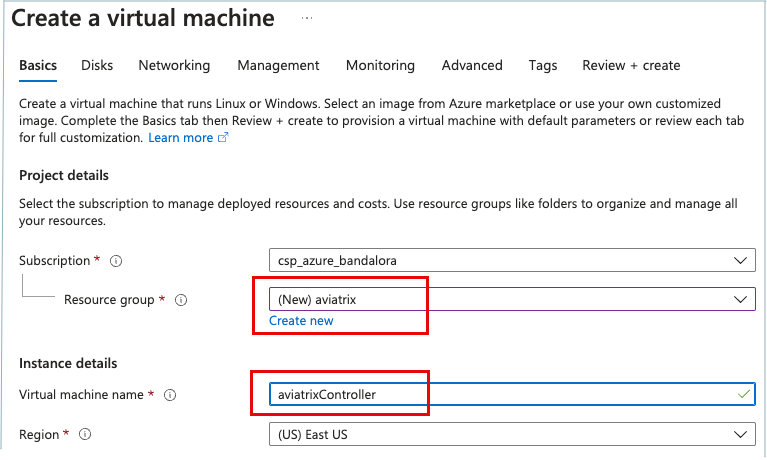 screenshot of the Azure Create a Virtual Machine form