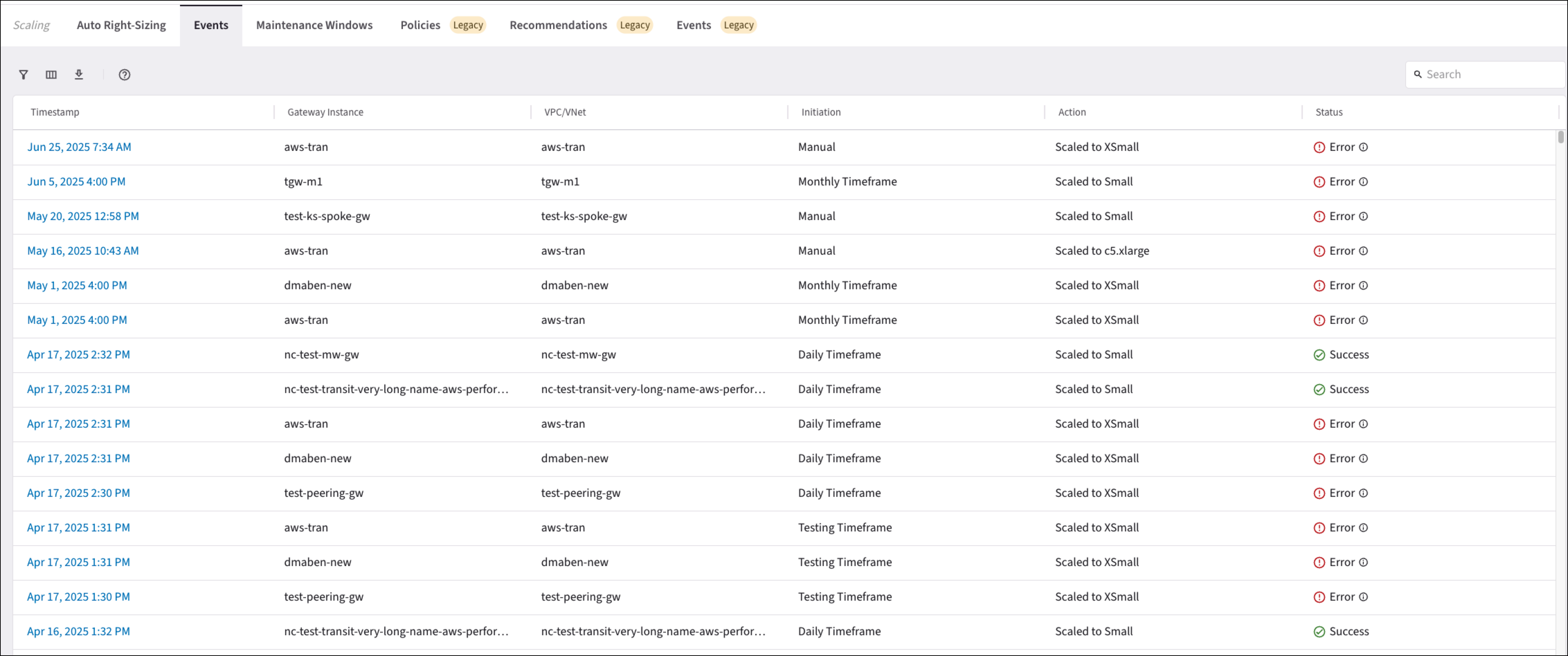 right sizing events tab
