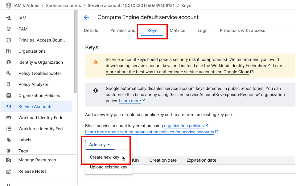 screenshot of GCP console keys page