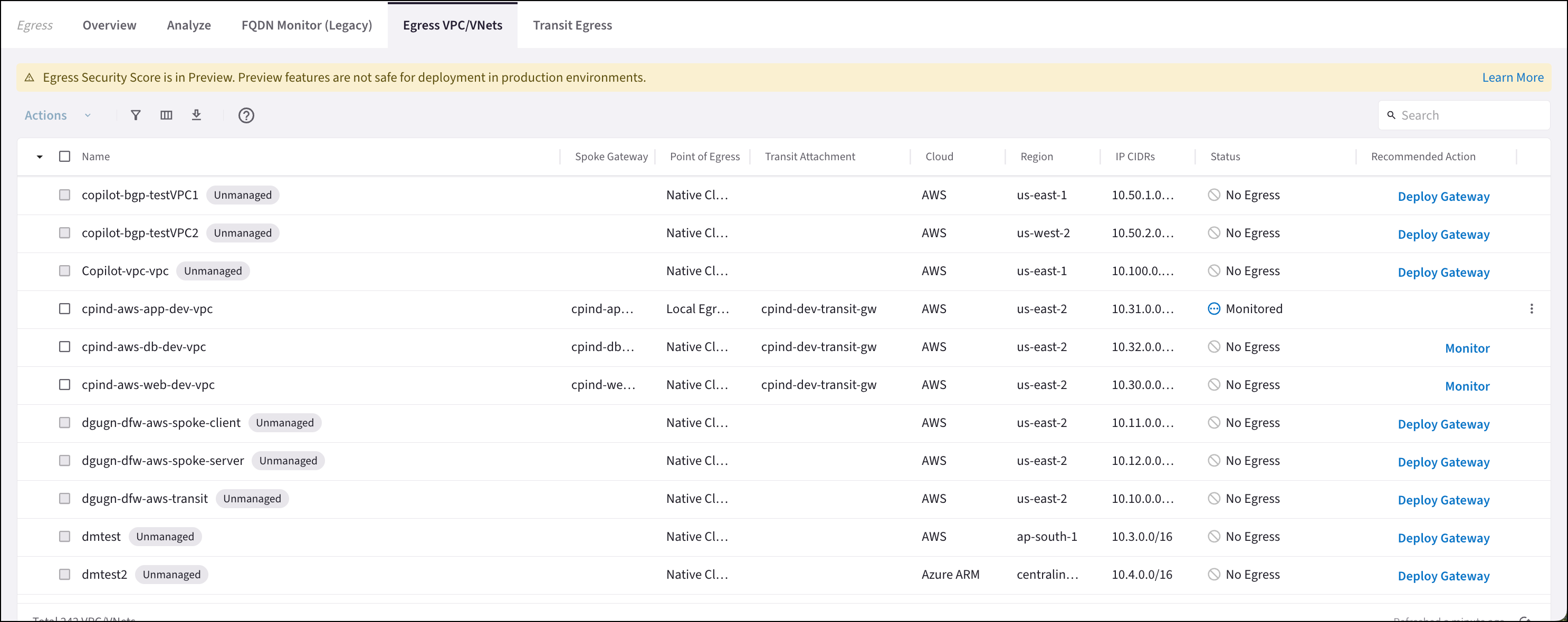 egress vpc vnets tab