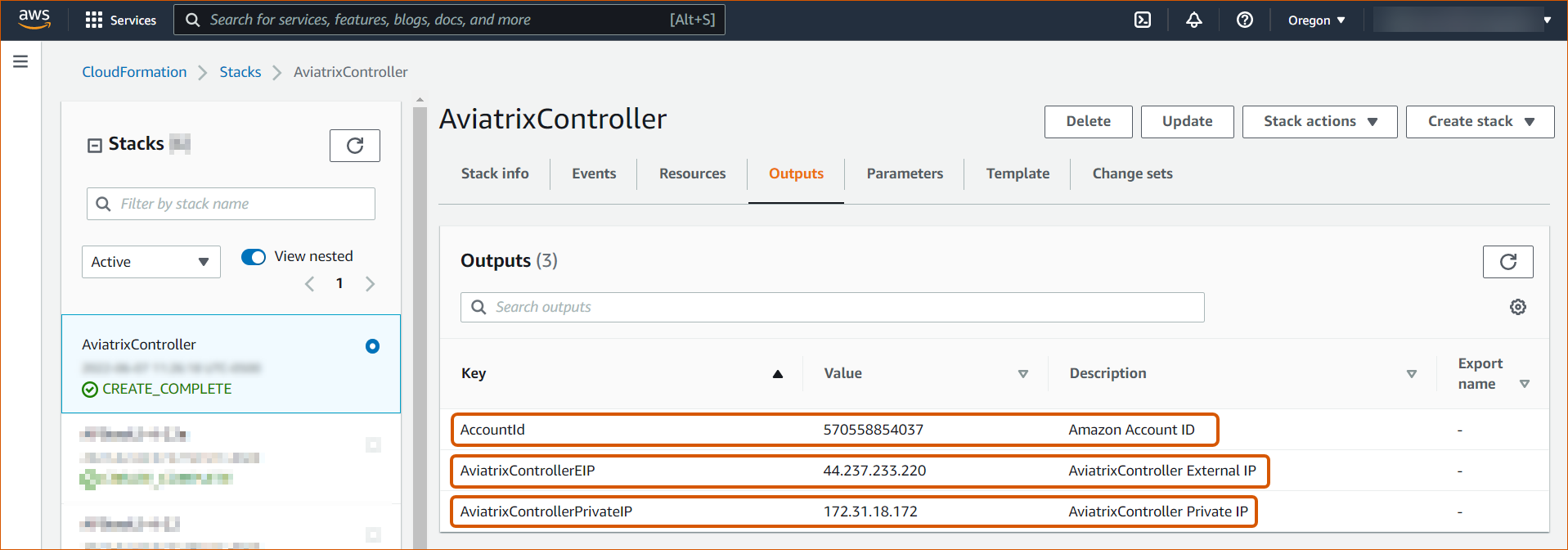 CloudFormation Outputs Tab