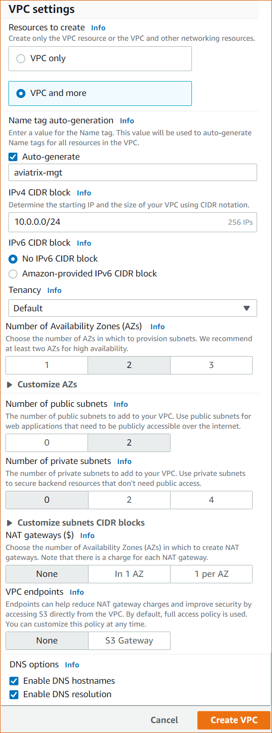 Create VPC Settings