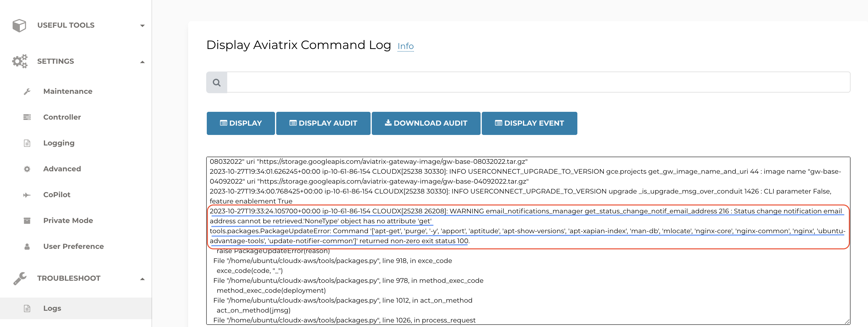 Display Log Warning